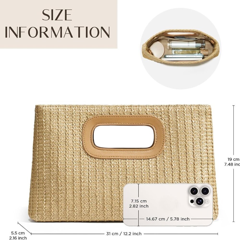 Chic Straw Clutch Purses for Women with Top Handle Summer Bag, Ideal Vacation Ha - Picture 3 of 6